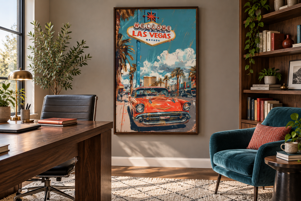 Las Vegas vintage travel poster framed canvas wall art featuring a classic car and iconic sign.