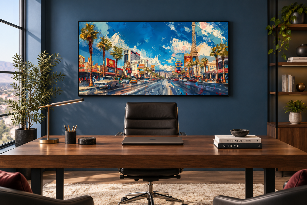 Framed impressionist canvas print of the Las Vegas Strip hanging in a modern office above a desk.