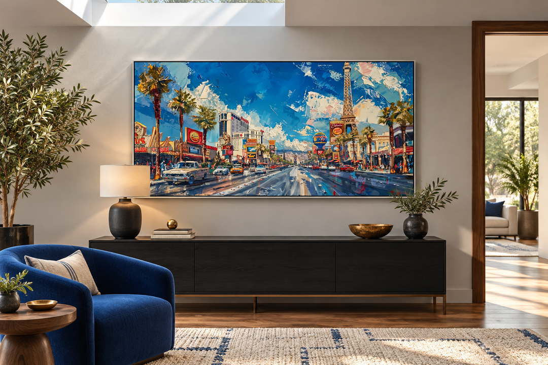 Framed impressionist canvas print of the Las Vegas Strip displayed above a black media console.