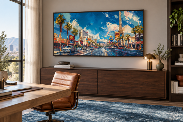 Framed impressionist canvas print of the Las Vegas Strip hanging in a modern office above a credenza.
