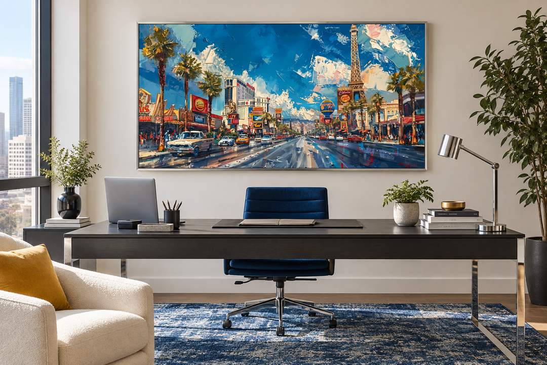 Framed impressionist canvas print of the Las Vegas Strip displayed in a modern office setting.