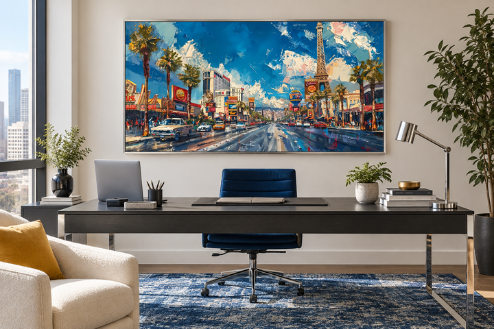 Framed impressionist canvas print of the Las Vegas Strip displayed in a modern office setting.