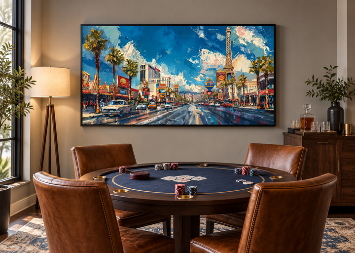 Framed impressionist canvas print of the Las Vegas Strip hanging above a poker table in a room.