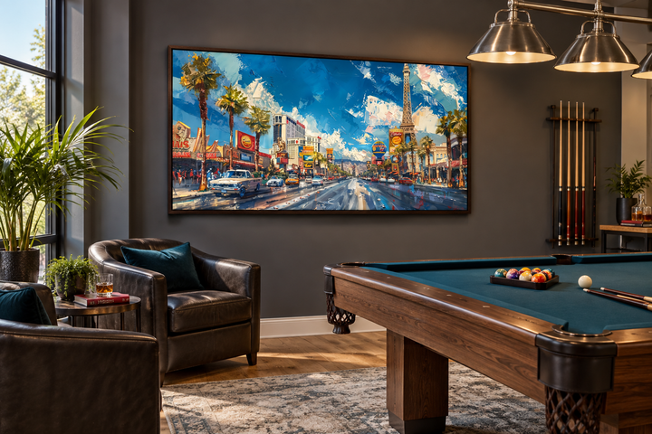 Framed impressionist canvas print of the Las Vegas Strip in a modern room with a pool table.