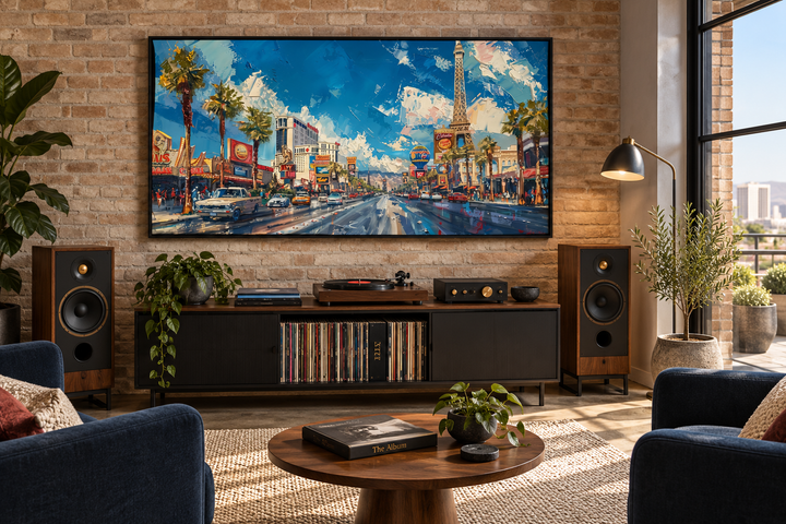Framed impressionist Las Vegas Strip canvas wall art displayed above a media console in a room.