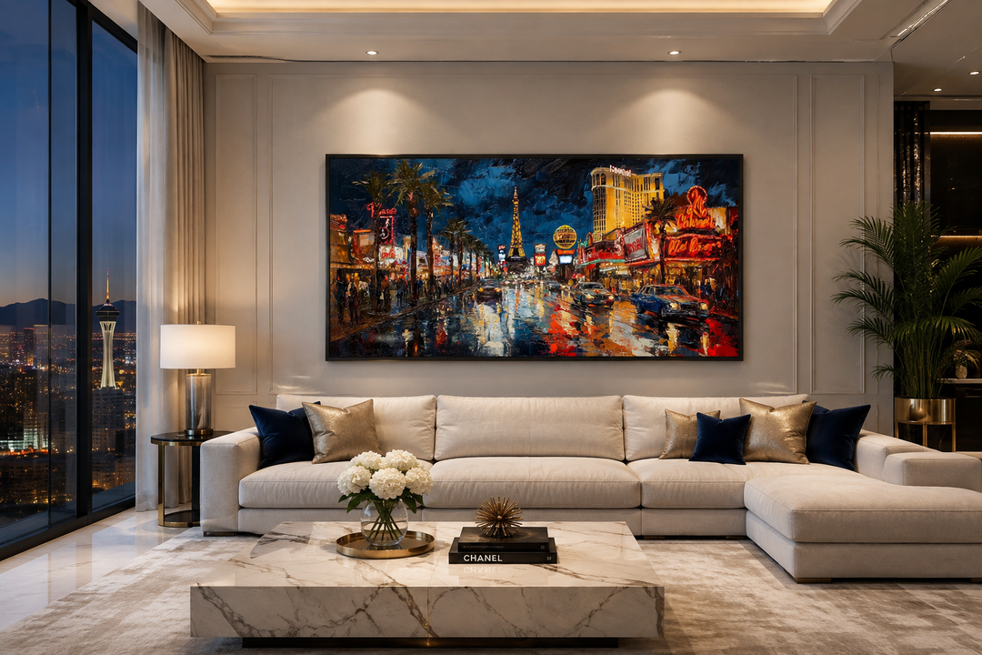 Las Vegas Strip At Night Framed Canvas Wall Art hanging above a white sofa in a modern living room.