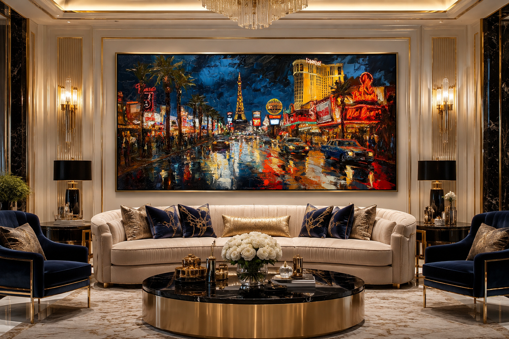 Las Vegas Strip at night framed canvas wall art above a sofa in a modern living room.