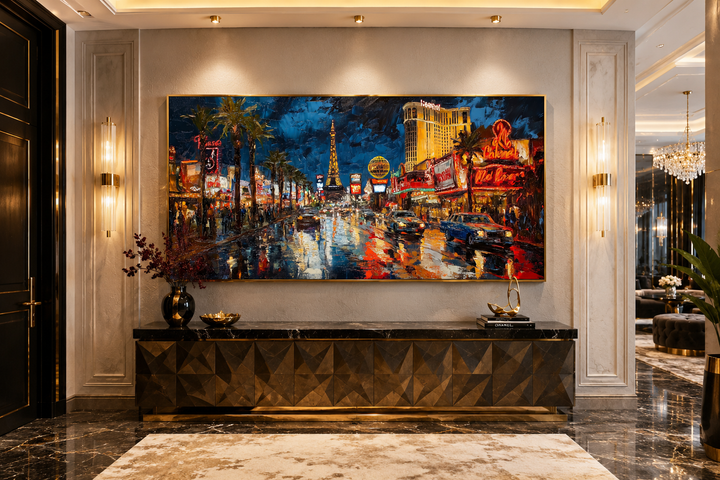 Las Vegas Strip at night framed canvas wall art above a dark textured sideboard in a modern room.