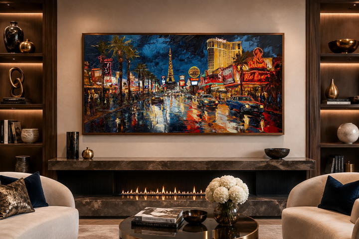Las Vegas Strip at night framed canvas wall art displayed above a modern fireplace in a living room.