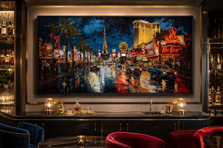 Impressionist framed canvas art of the Las Vegas Strip at night above a modern home bar.