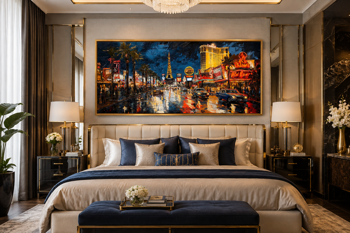 Las Vegas Strip At Night Framed Canvas Wall Art above a bed in a modern bedroom.