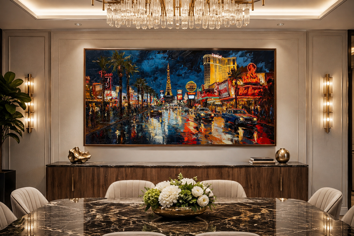 Las Vegas Strip At Night Framed Canvas Wall Art in a modern dining room setting.