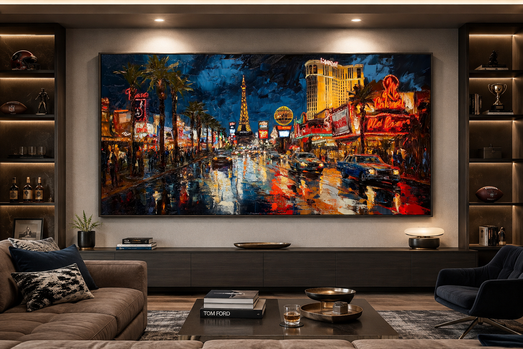 Las Vegas Strip at night framed canvas wall art in a modern living room setting.