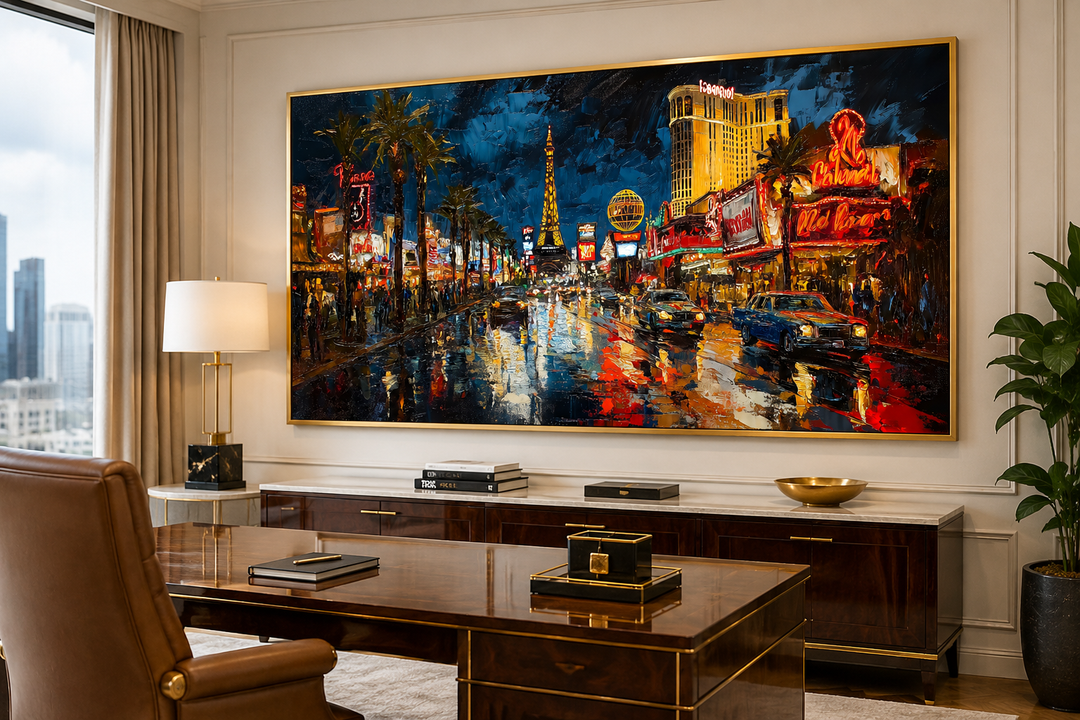 Impressionist framed canvas art of the Las Vegas Strip at night above a dark wood office desk.