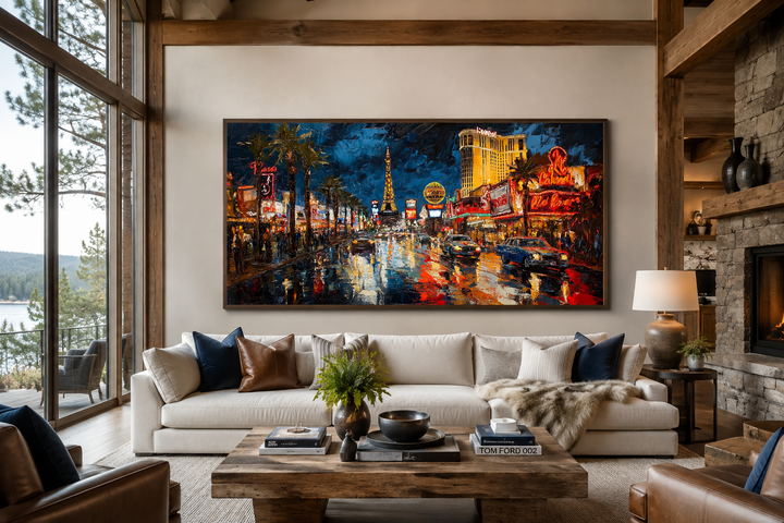 Las Vegas Strip At Night Framed Canvas Wall Art hanging above a sofa in a modern living room.