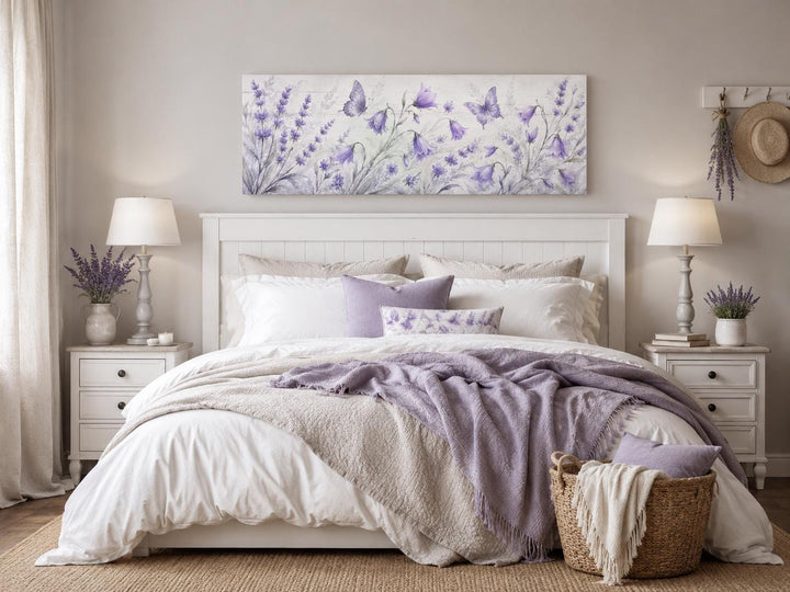 Long horizontal canvas art of lavender wildflowers and butterflies above a white bed.