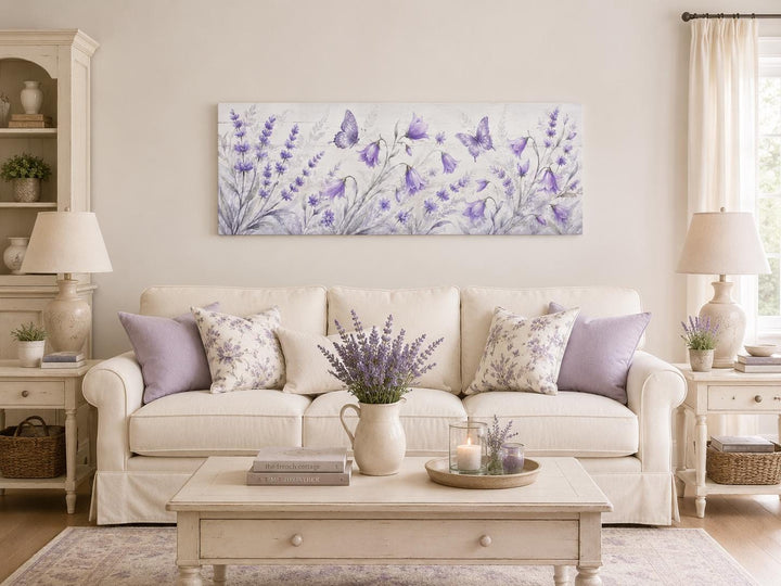 Long horizontal canvas art of lavender wildflowers and butterflies above a cream sofa.
