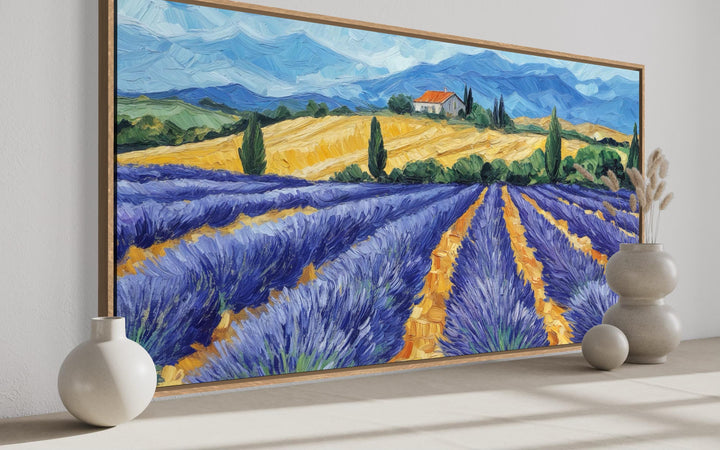 Panoramic lavender field canvas print with rustic brushstrokes and a golden countryside background.