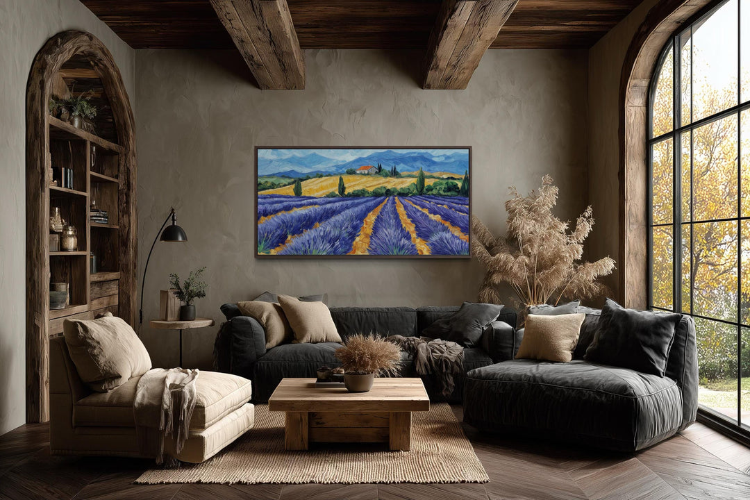 Panoramic lavender field canvas print in a rustic frame above a modern sofa in a cozy living room.