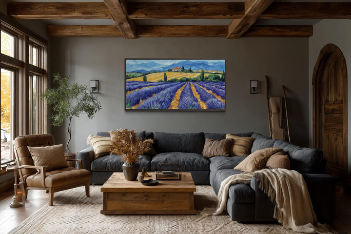 Panoramic lavender field canvas print with rustic brushstrokes in a cozy, modern living room.