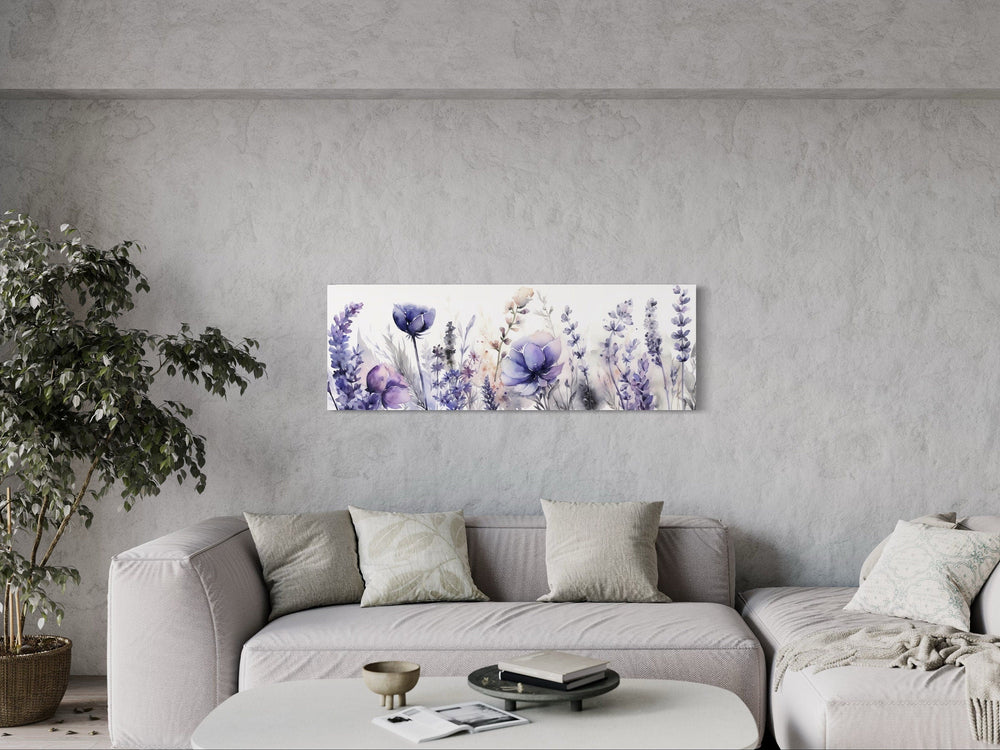 Lavender Wildflowers Panoramic Above Bed Framed Canvas Wall Art