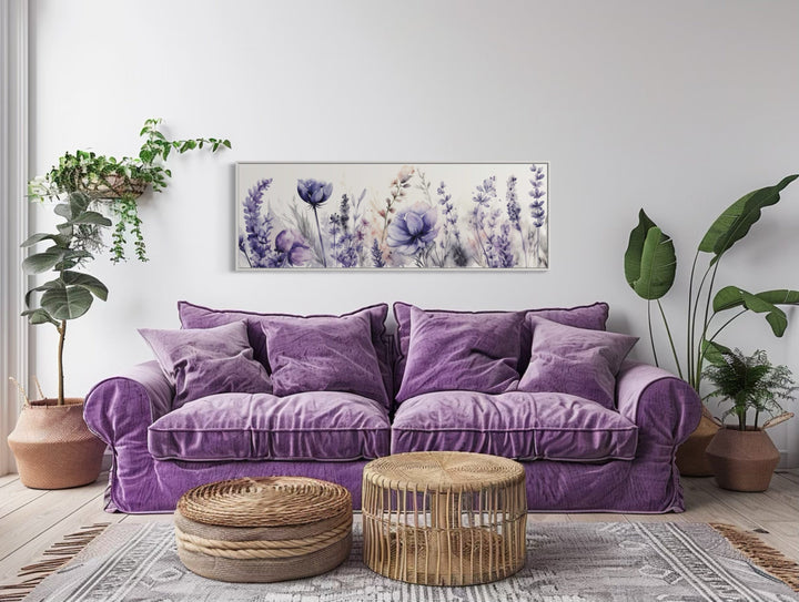 Lavender Wildflowers Panoramic Above Bed Framed Canvas Wall Art