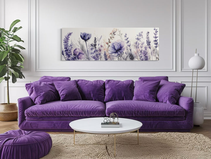 Lavender Wildflowers Panoramic Above Bed Framed Canvas Wall Art