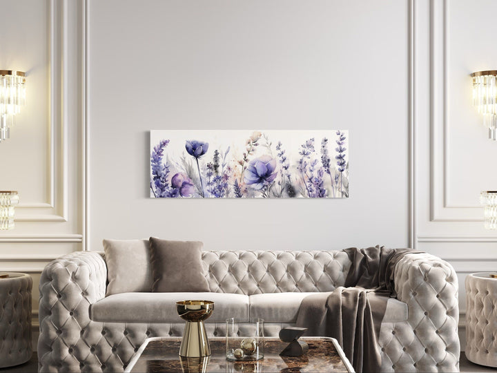 Lavender Wildflowers Panoramic Above Bed Framed Canvas Wall Art