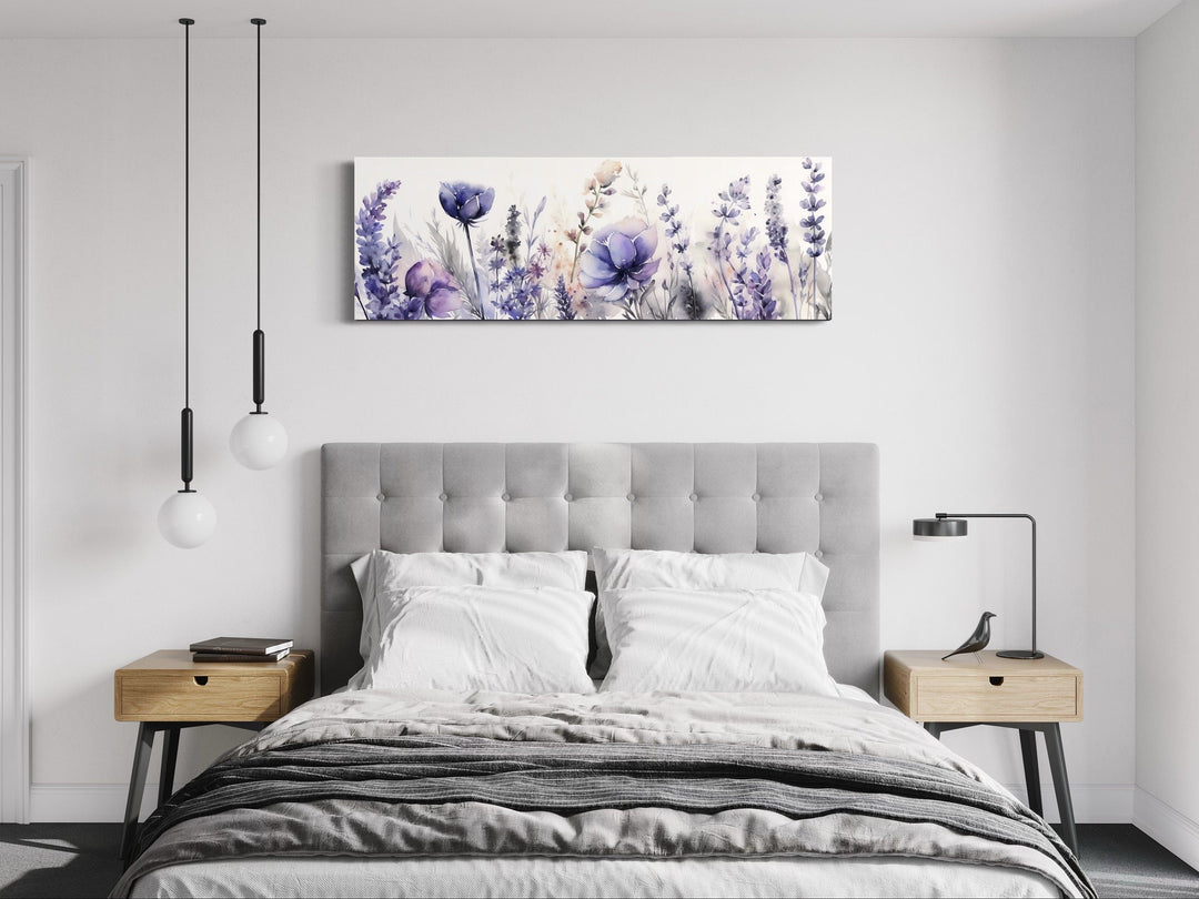 Lavender Wildflowers Panoramic Above Bed Framed Canvas Wall Art