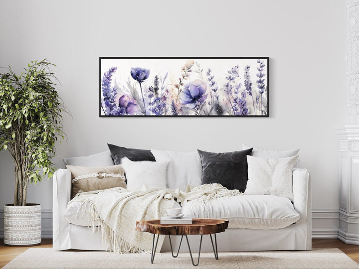 Lavender Wildflowers Panoramic Above Bed Framed Canvas Wall Art