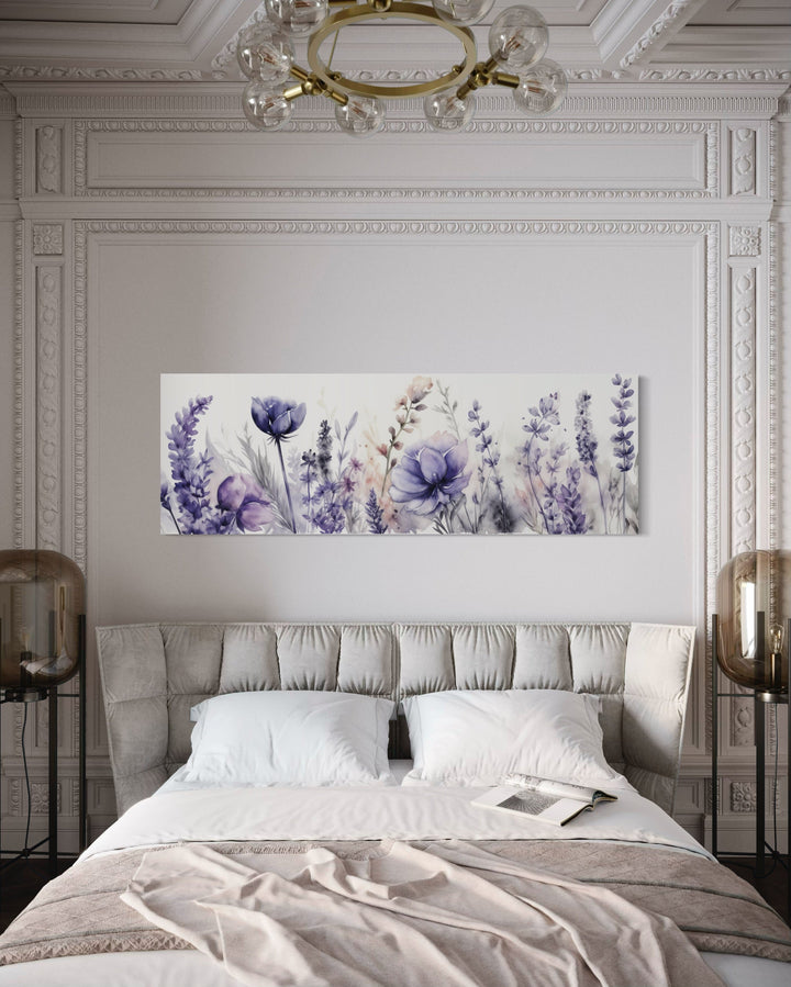 Lavender Wildflowers Panoramic Above Bed Framed Canvas Wall Art