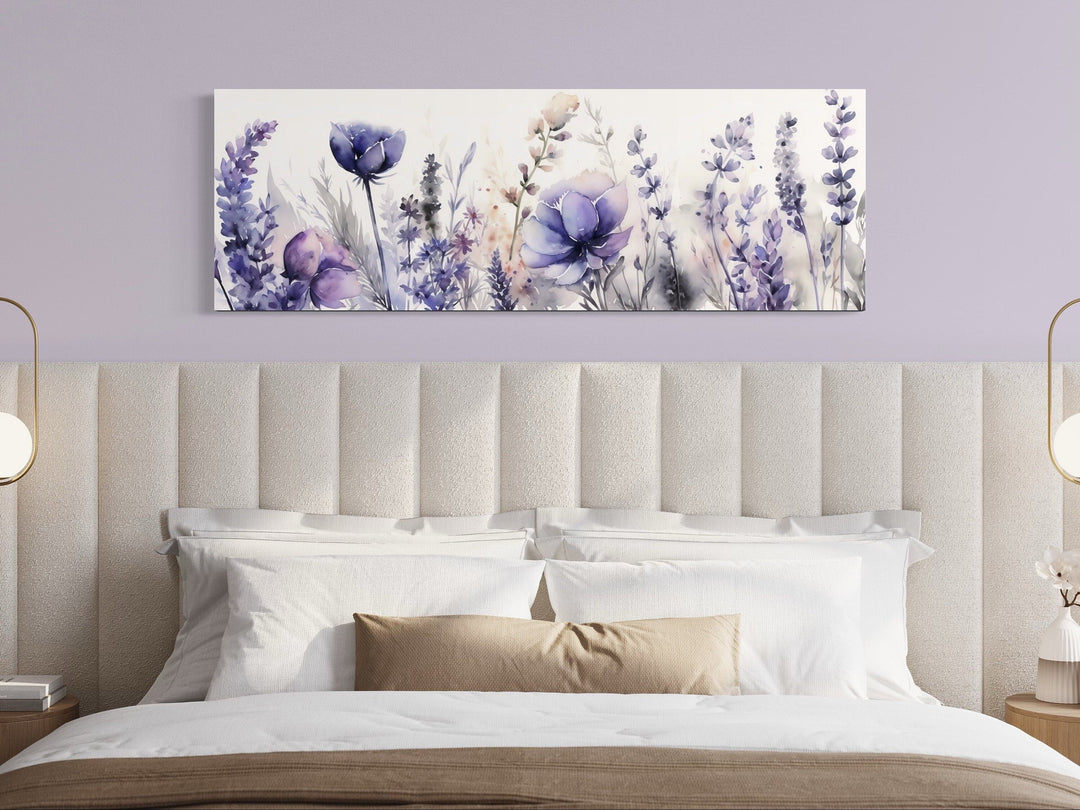 Lavender Wildflowers Panoramic Above Bed Framed Canvas Wall Art