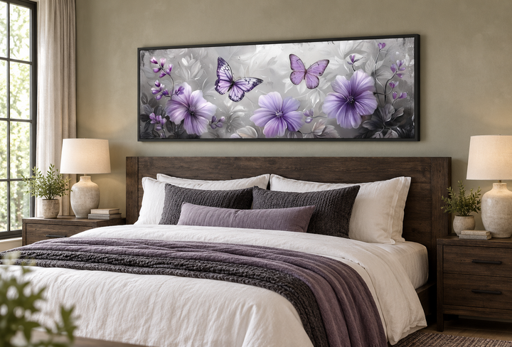 Horizontal wall art with lavender flowers and butterflies above a dark wood bed in a cozy bedroom.