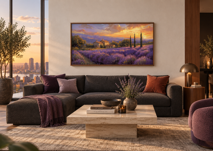 Framed canvas wall art of a sunset over lavender fields in Provence, hanging above a dark sofa.