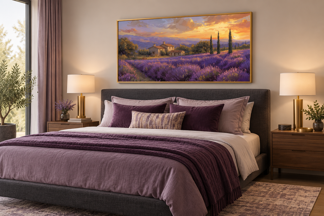 Framed canvas wall art of lavender fields in Provence at sunset above a bed in a modern bedroom.