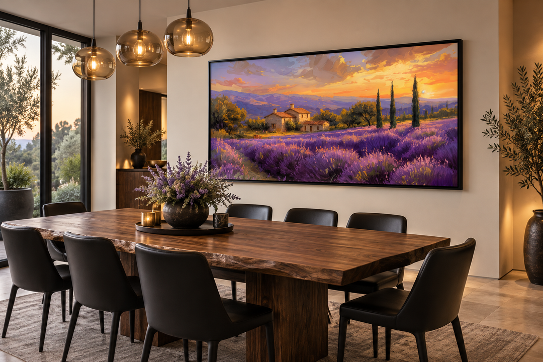 Lavender Fields of Provence At Sunset French Landscape Framed Canvas Wall Art in a dining room.