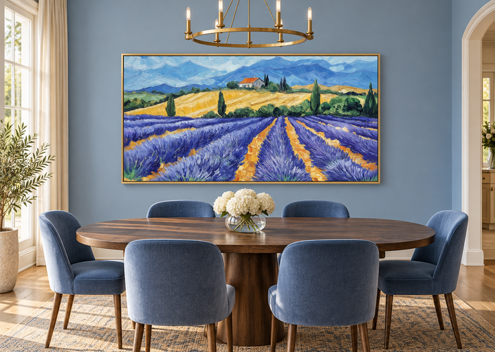Panoramic lavender field canvas print with rustic brushstrokes in a gold frame over a dining table.