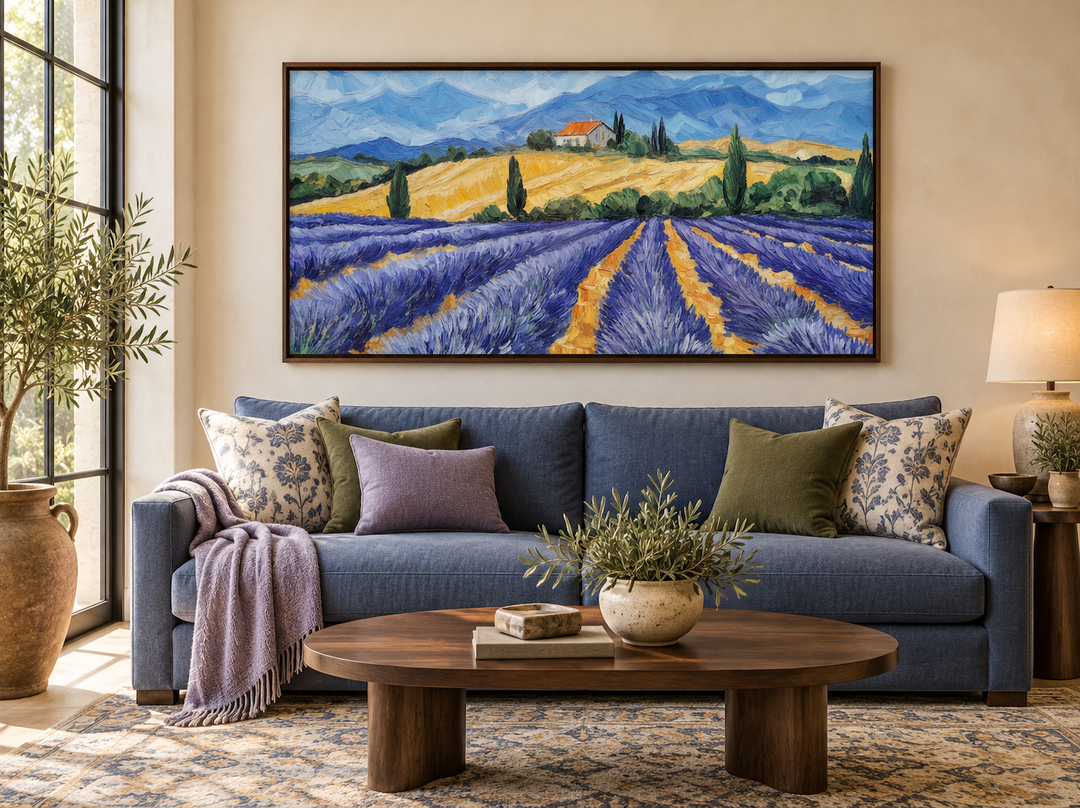 Panoramic lavender field canvas print in a walnut frame above a blue sofa in a rustic living room.