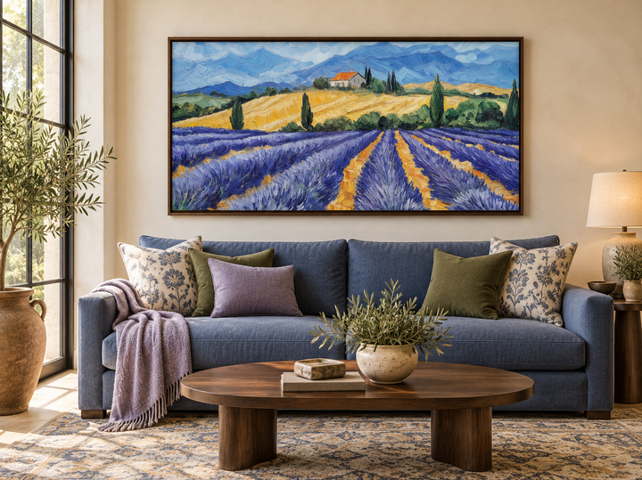 Panoramic lavender field canvas print in a walnut frame above a blue sofa in a rustic living room.