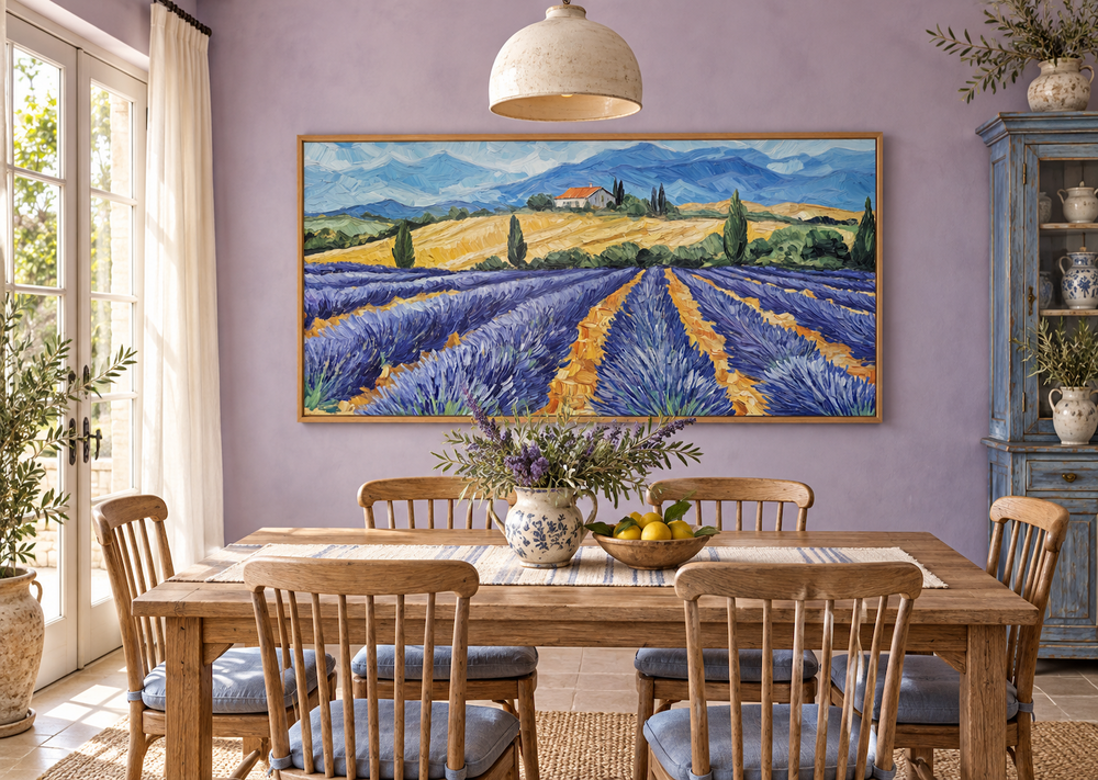 Panoramic lavender field canvas print in a rustic dining room with purple walls and wooden table.
