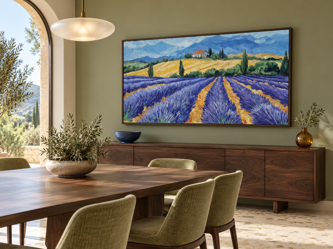 Panoramic lavender field canvas print with purple flowers and rolling hills in a walnut frame.