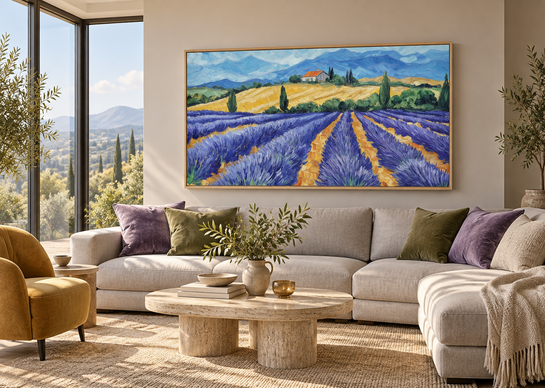 Panoramic lavender field canvas print in a rustic frame above a modern sectional sofa.