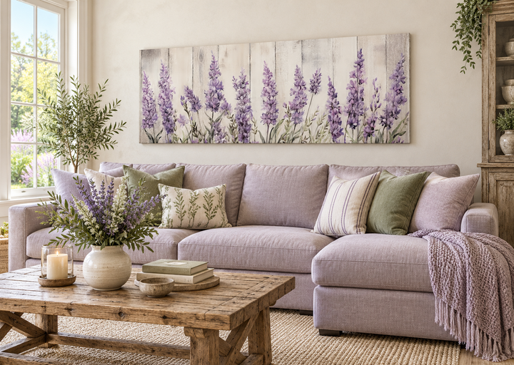 Horizontal canvas wall art of purple lavender wildflowers on a rustic wood-plank background.