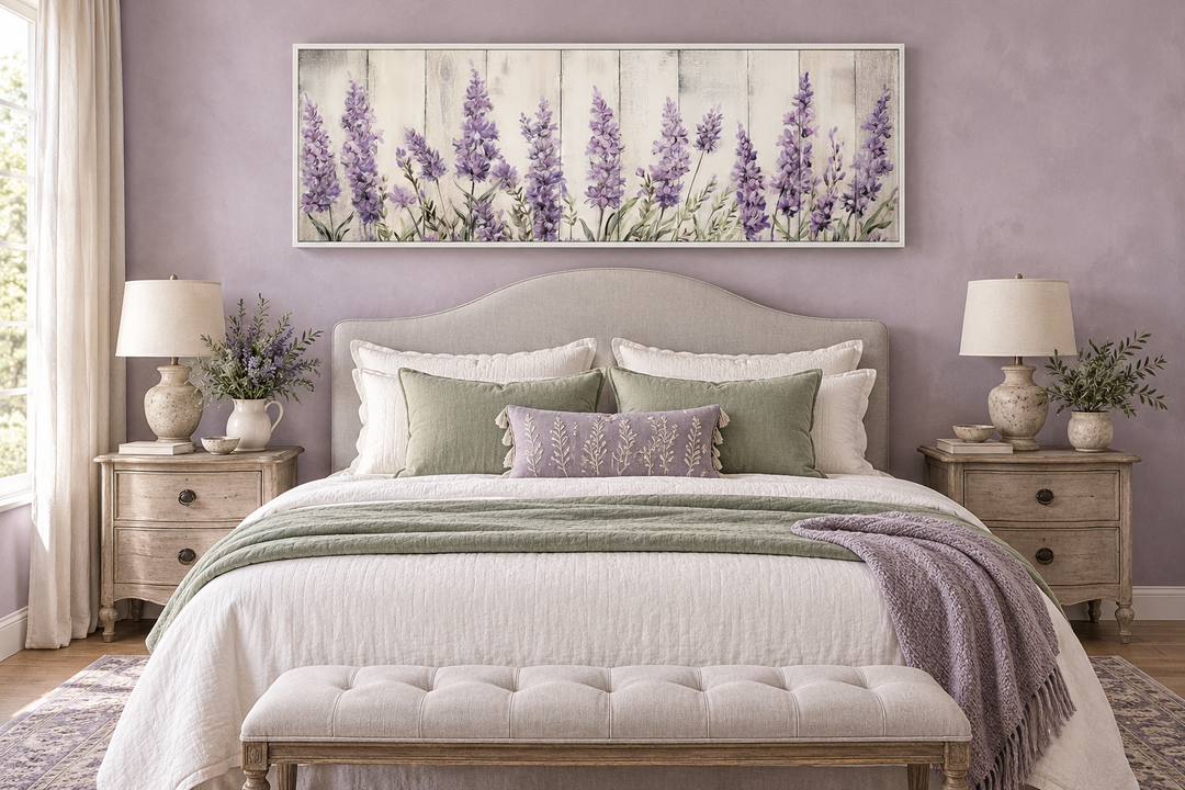 Purple lavender wildflowers framed canvas wall art hanging above a bed in a rustic bedroom.