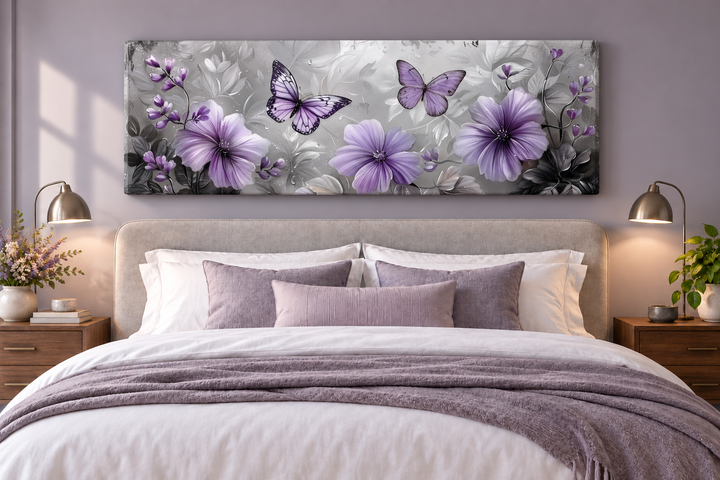 Horizontal wall art with purple flowers and butterflies above a bed with lavender bedding.