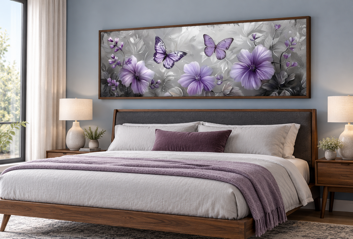 Horizontal wall art with purple flowers and butterflies above a bed in a modern bedroom.