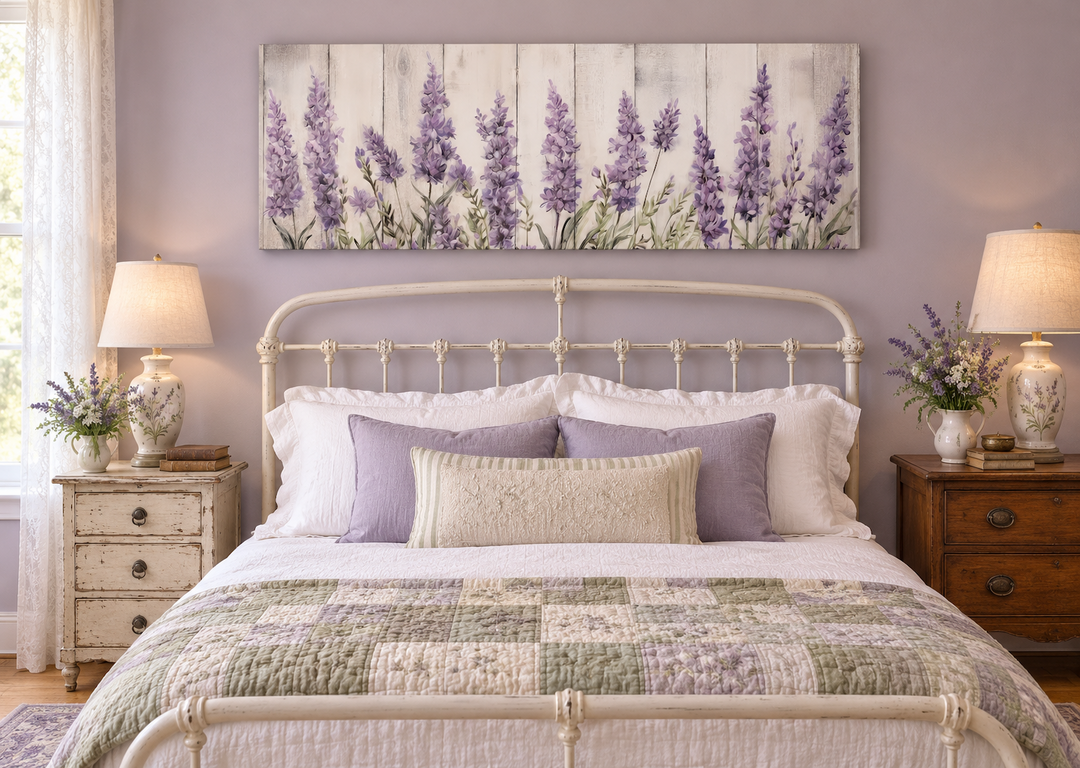 Purple lavender wildflowers framed canvas wall art hanging above a white metal farmhouse bed.