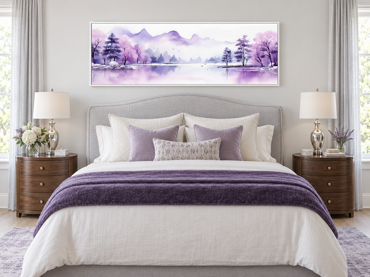 Purple mountains lake horizontal watercolor wall art hanging above a bed in a serene bedroom.