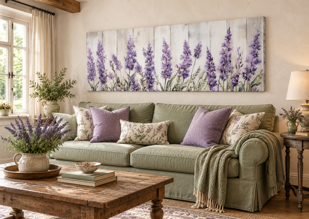 Horizontal framed canvas wall art featuring purple lavender wildflowers on a rustic wood backdrop.