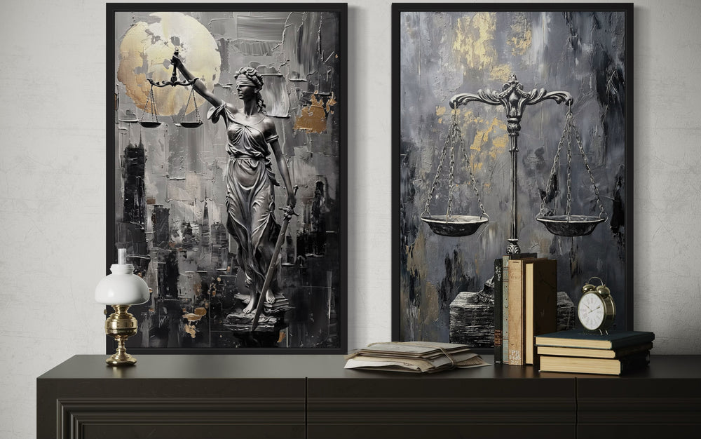 Law Office Set Of 2 Lady Justice And Scales Of Justice Framed Canvas Wall Art